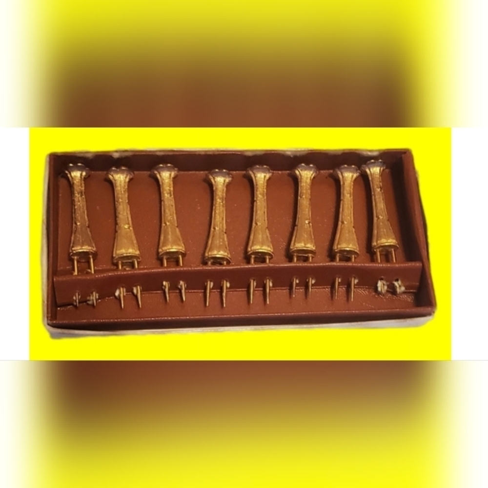 Set of  (8)  vintage gold plated bamboo corn picks in original box